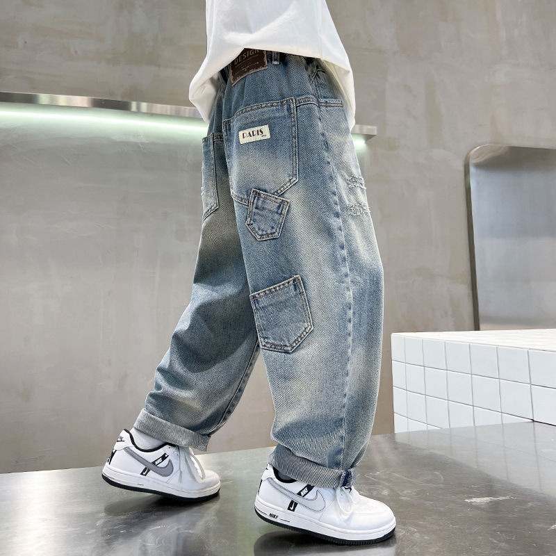 千与男童春装牛仔裤子新款中大童春季儿童宽松男孩春秋款直筒长裤