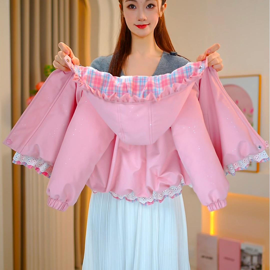 【佳琪妈】极寒系列女童粉色圣诞小甜果蕾丝花边连帽棉服-7195#