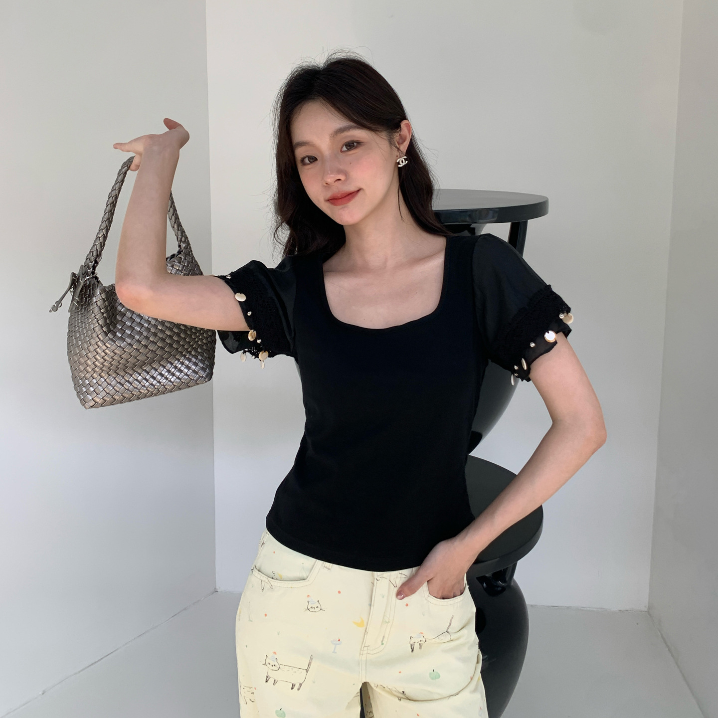 25夏百搭短袖t恤修身显瘦方领蕾丝边上衣女S5517