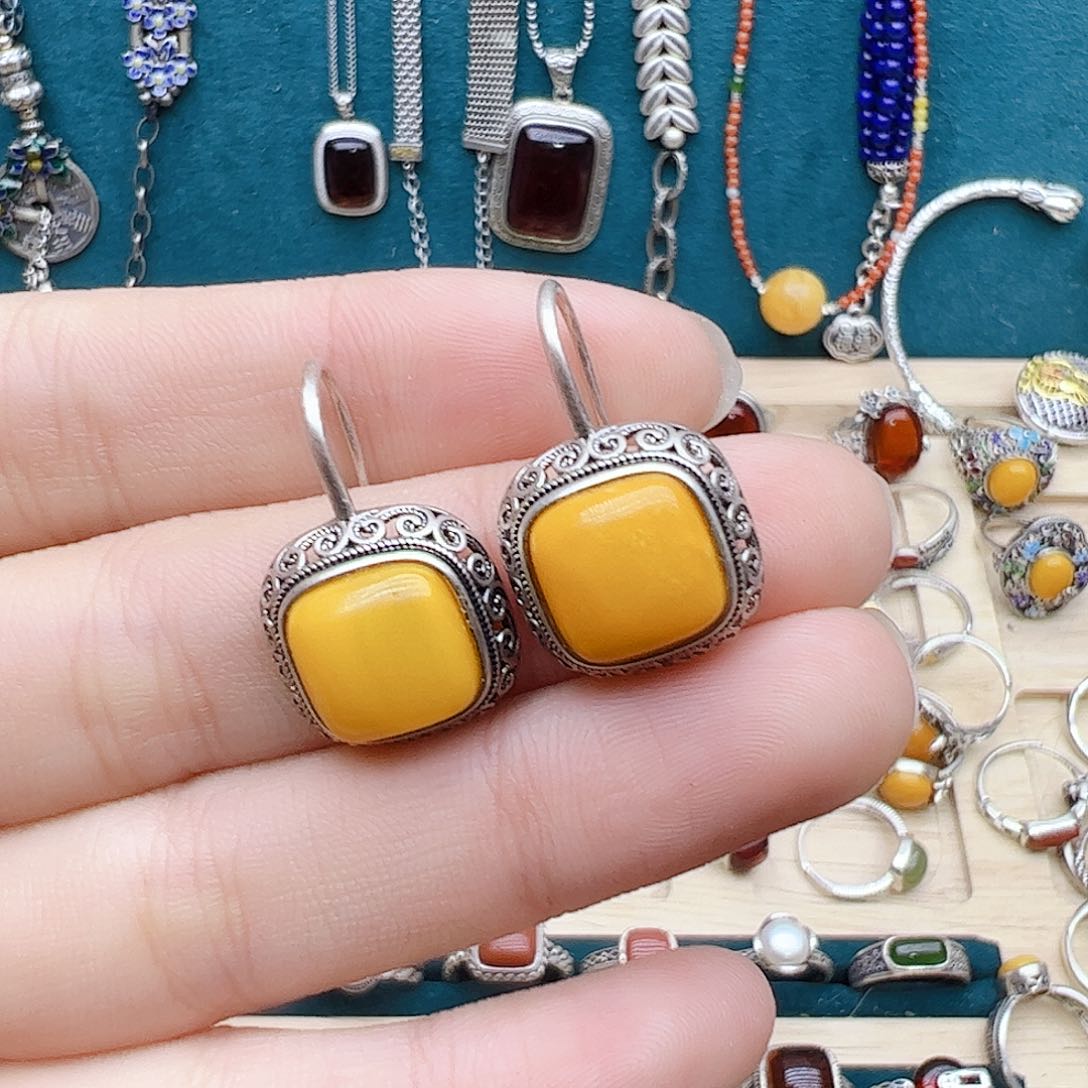 蜜蜡耳饰银S925镶嵌天然蜜蜡