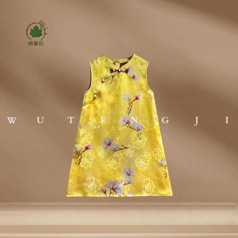 【烟雨】2025夏季新款国风女童金色系花枝盘扣无袖连衣裙25XT801