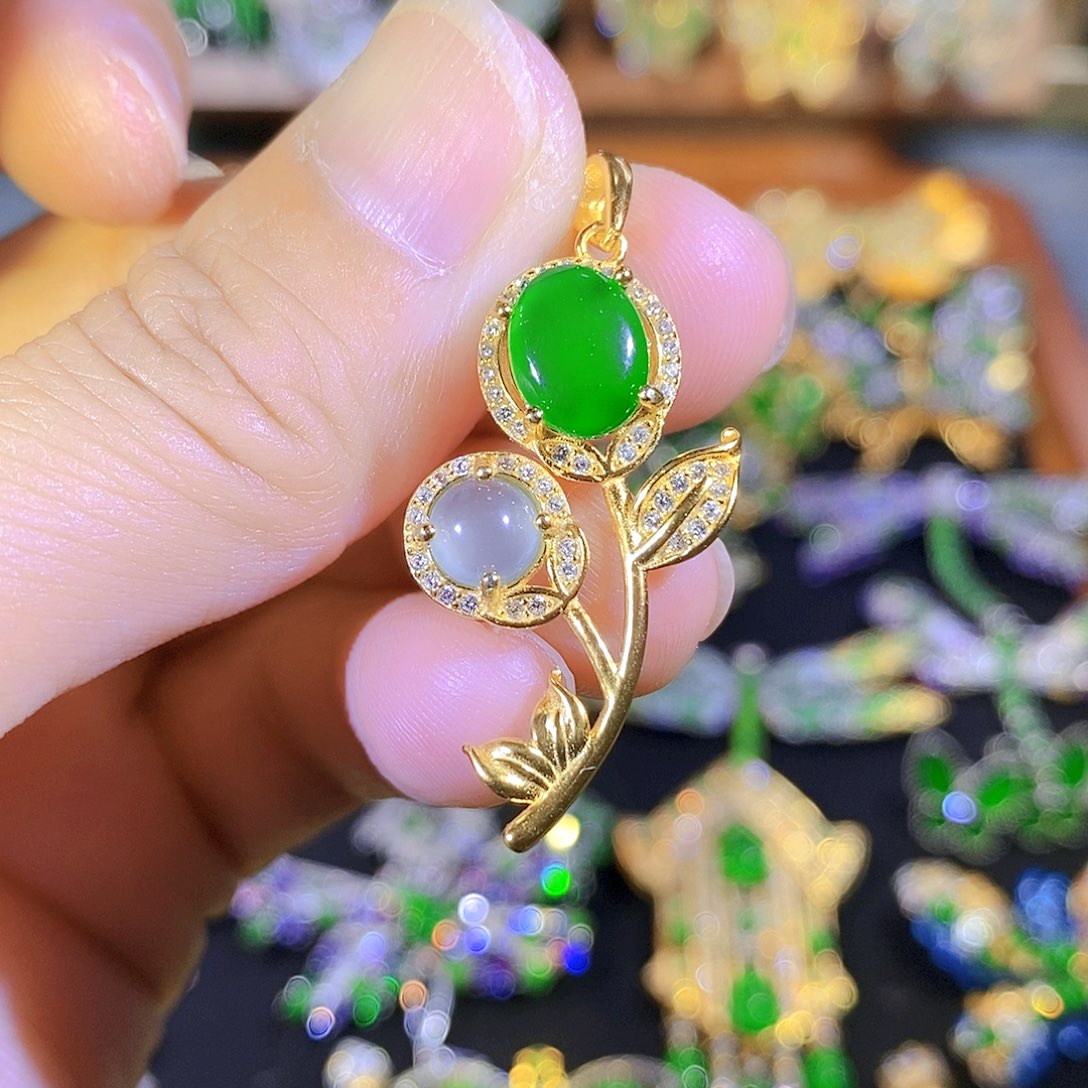 吊坠(不含链)银S925镶嵌翡翠