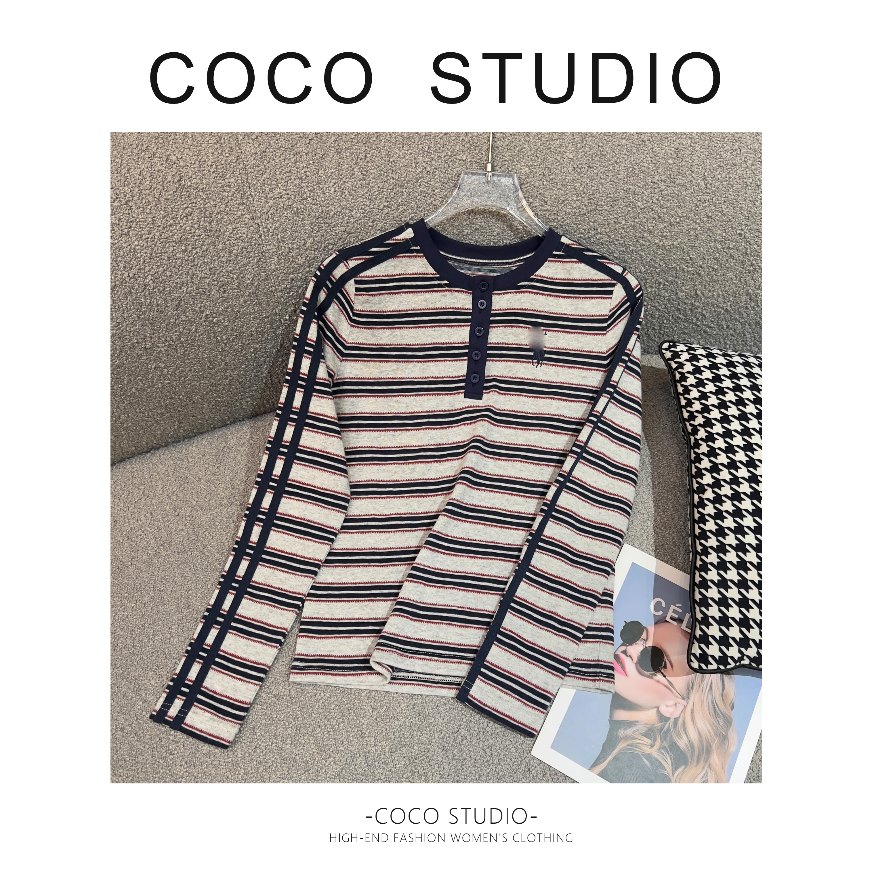 高级设计新款高级感条纹女装拼接气质修身显瘦减龄T恤DDS118