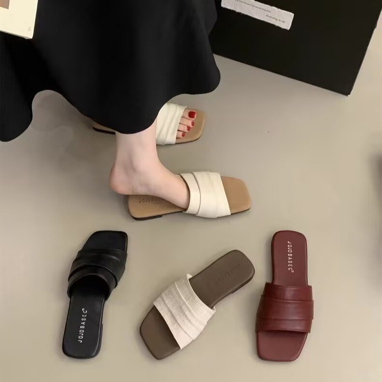 韩版褶皱软皮拖鞋外穿夏季小众软平底海边度假沙滩鞋仙女风一字拖