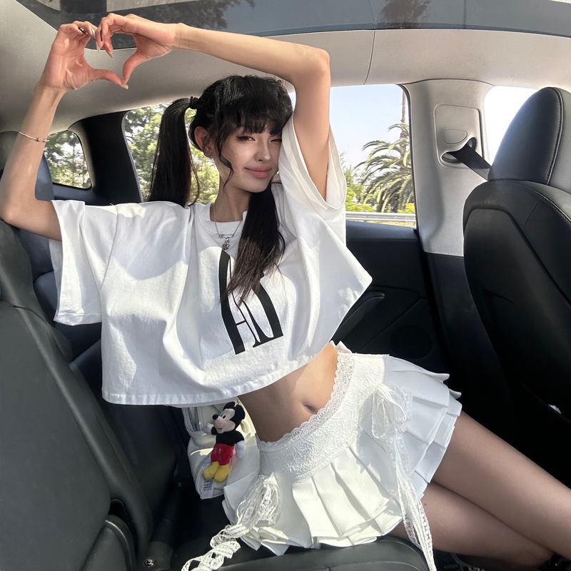 【樱木花菜】韩好甜WARDEN EDGE洛城往事 白色印花T恤女美式辣妹落肩短袖上衣