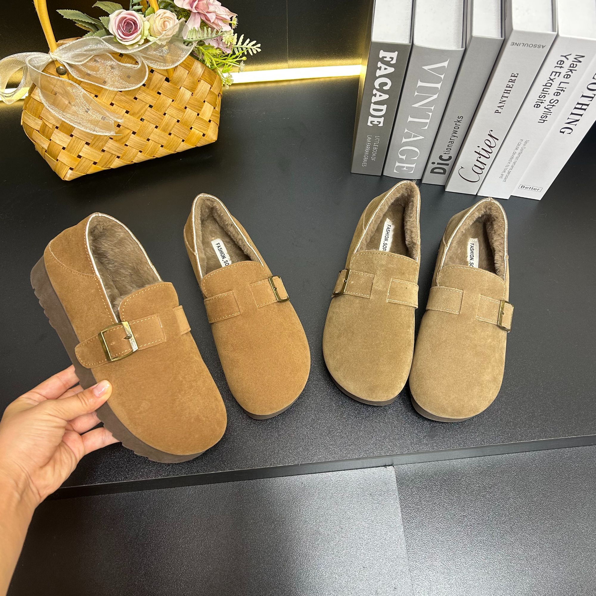 勃肯鞋女加绒冬季女鞋2025新款一脚蹬毛毛鞋平底豆豆鞋博肯棉鞋