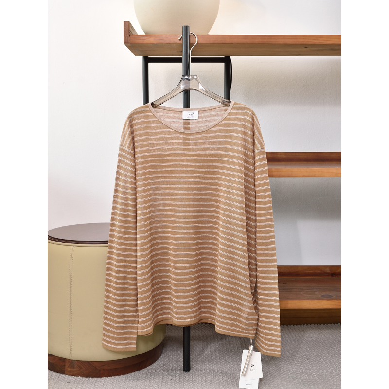 春季新品 28支16针圆领条纹亚麻+桑蚕丝长袖上衣