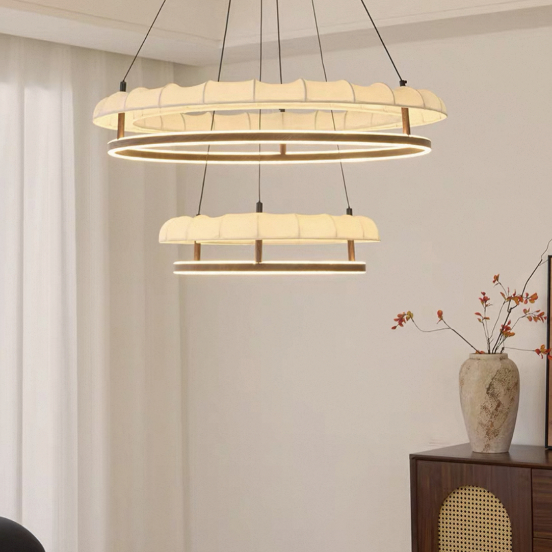 宋氏美学胡桃木色客厅吊灯复古禅意餐厅卧室布艺精致高级感圈圈灯