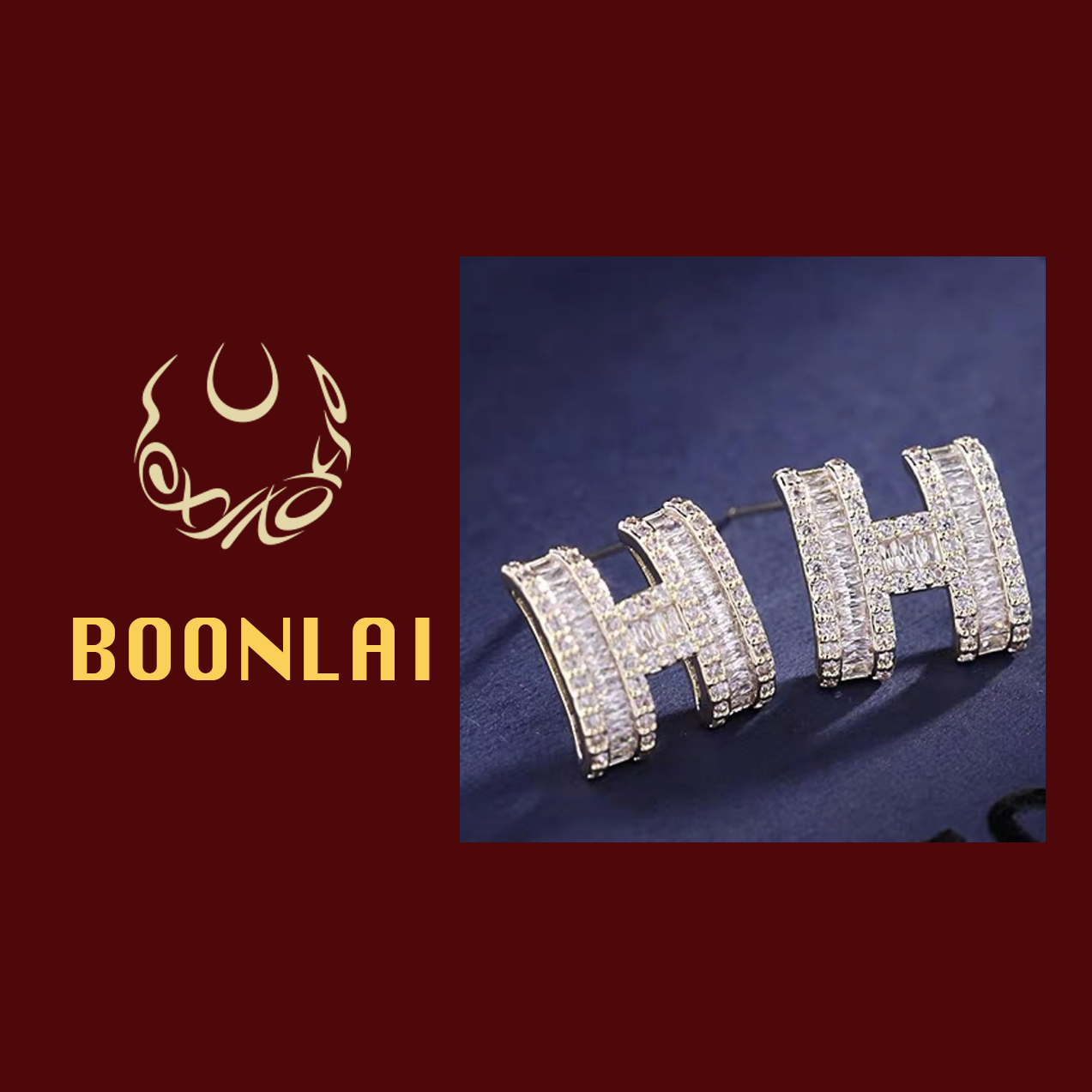 铜合金仿珍珠耳饰 Boonlai 银色镶钻H形气质耳环996