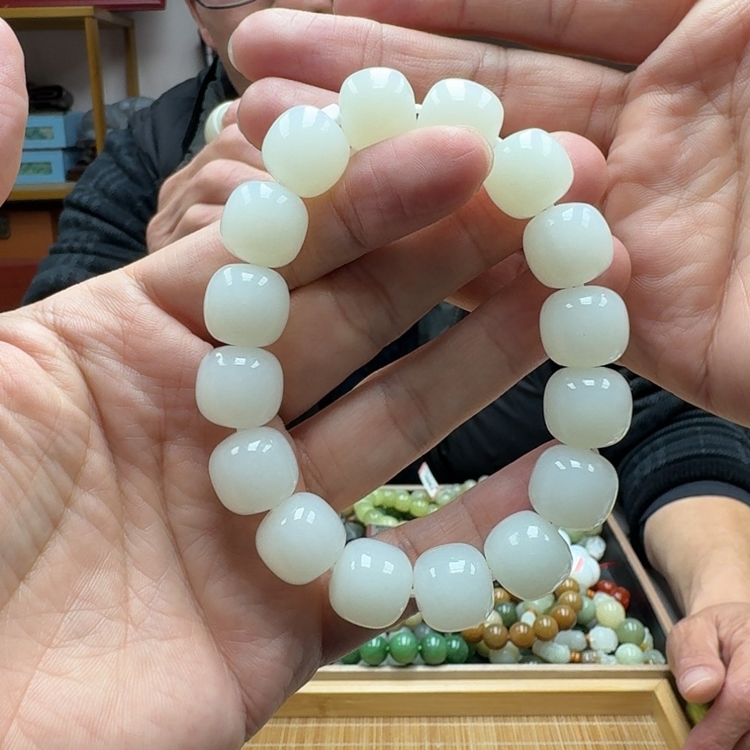 和田玉未镶嵌手串卡14阿拉玛斯暖白色