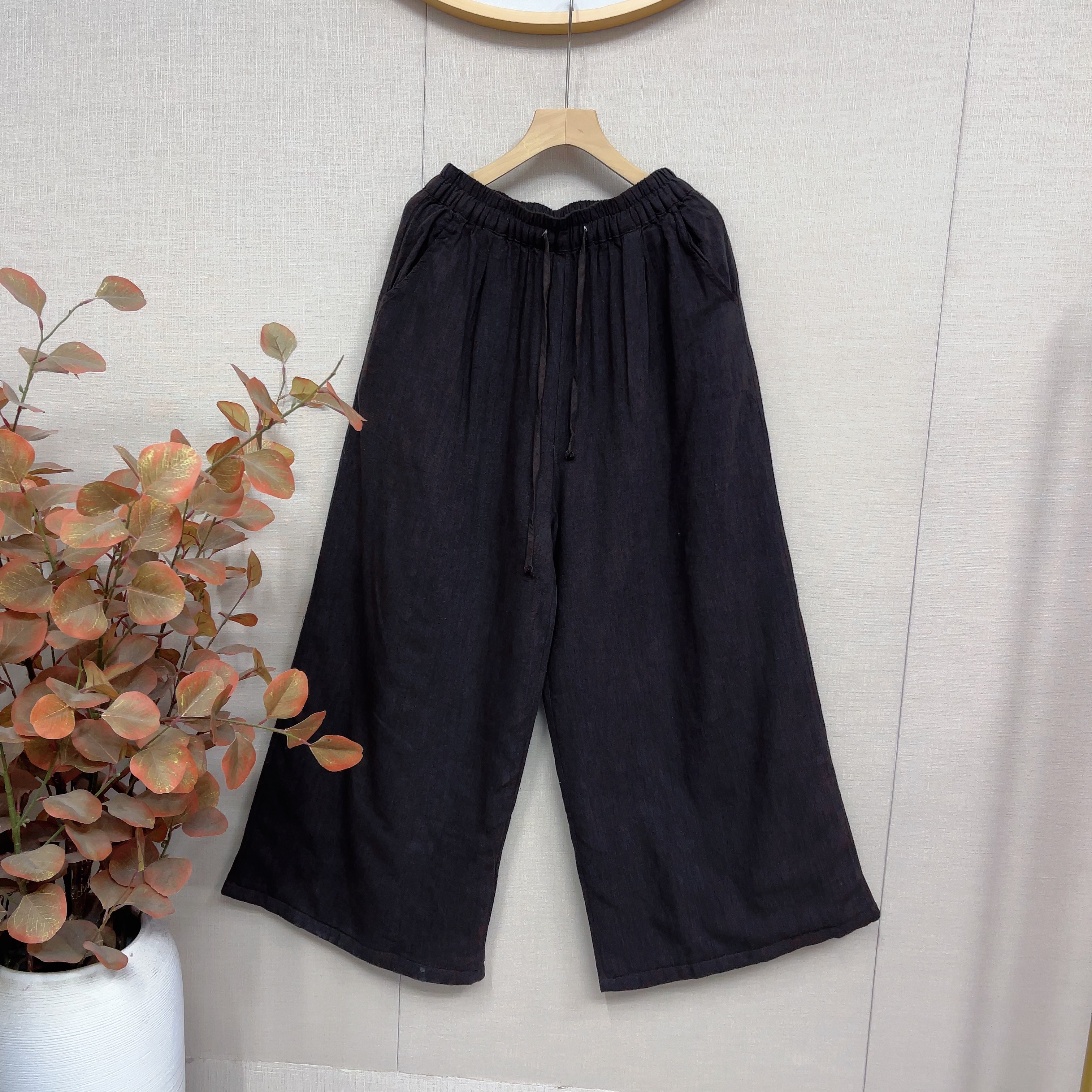 复古麻料松紧腰系带夹棉加厚棉裤女冬文艺大码显瘦百搭直筒阔腿裤