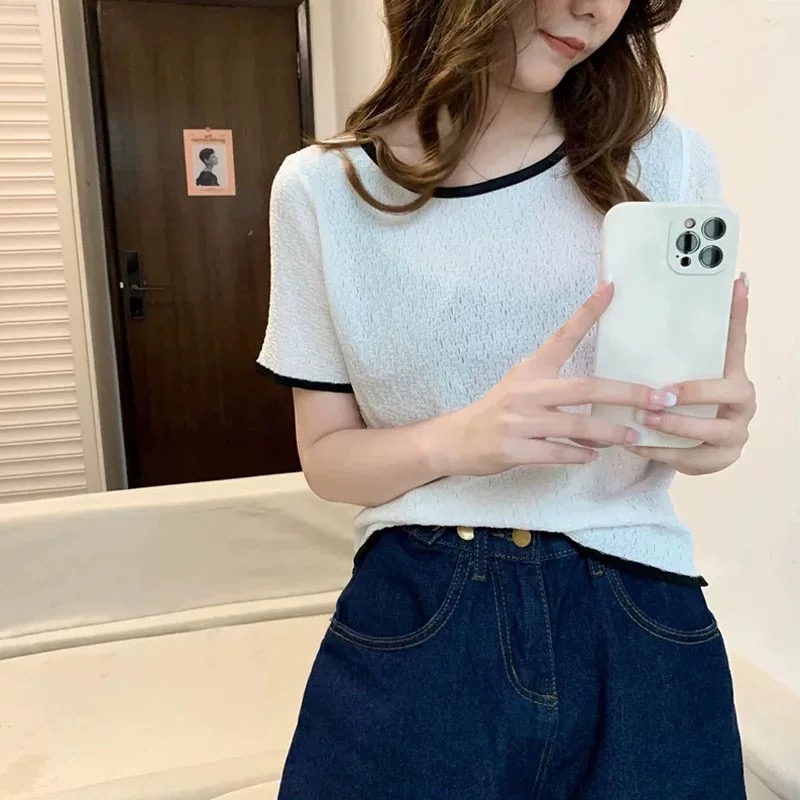 9911 2025新款设计感撞色短款上衣女夏圆领超火复古短袖T恤