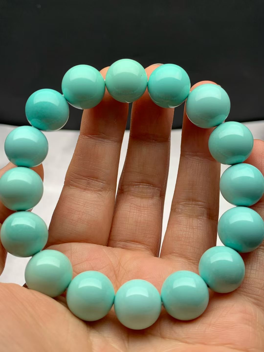 大尺寸原矿高瓷绿松石圆珠手串，直径12.2-13mm左右，干拍无水油
