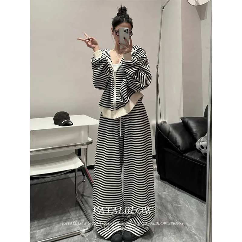 慵懒简约条纹拉链连帽卫衣外套套装女秋冬高腰垂感直筒休闲阔腿裤