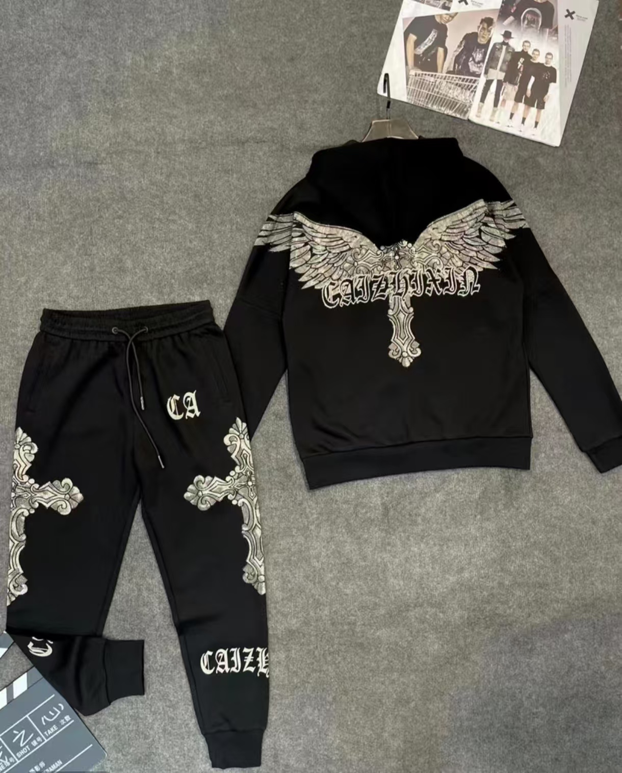 895-245翅膀连帽开衫潮牌重工烫钻翅膀时尚百搭休闲潮流长袖套装