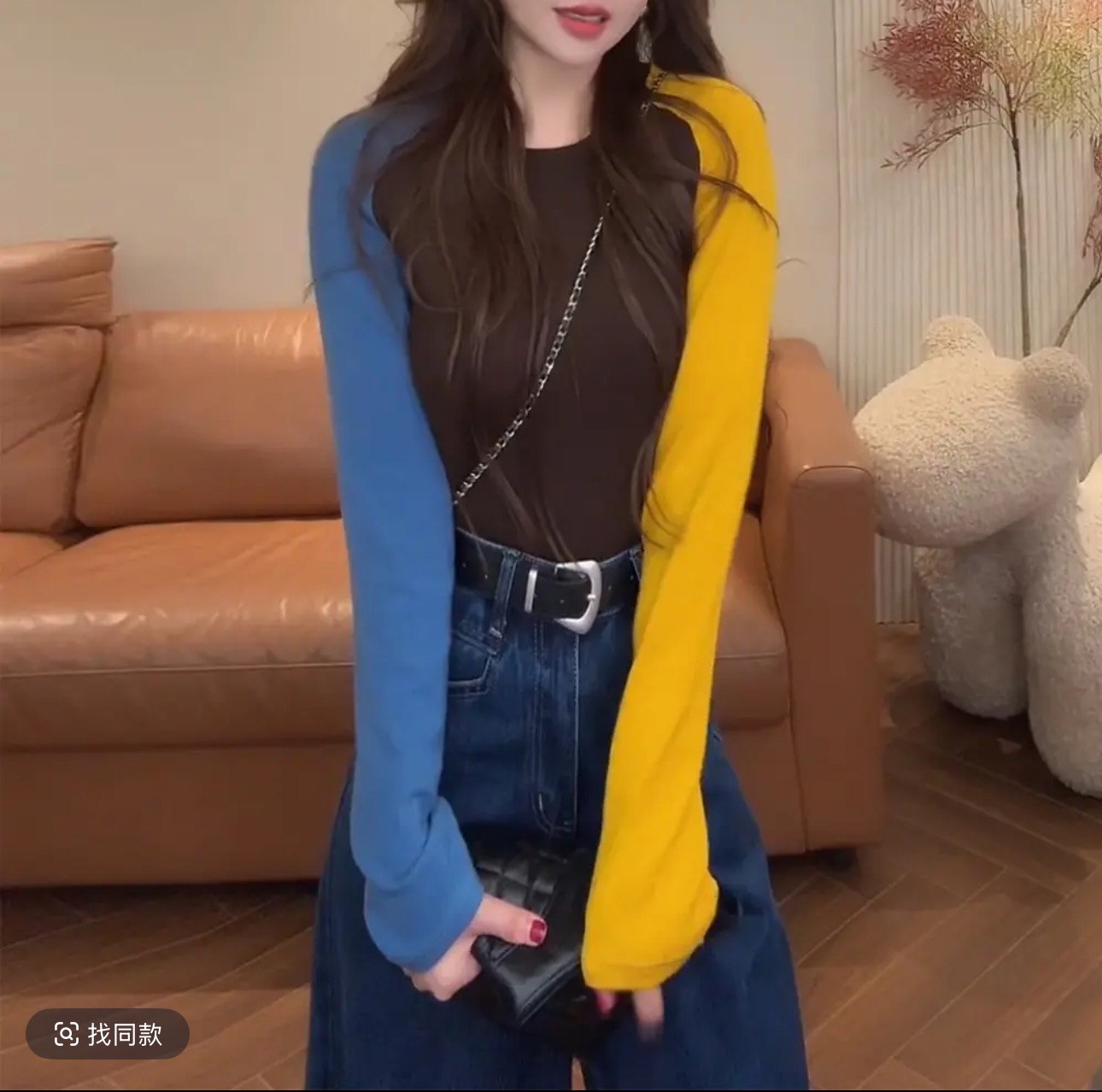 甜甜家韩系拼色设计感打底衫T恤巨好看小众洋气显瘦上衣女