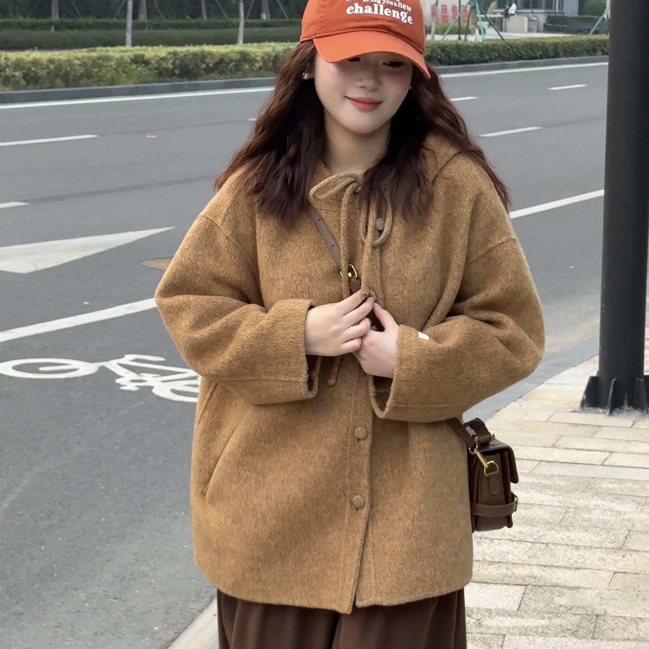 2025秋冬双面羊毛大衣女韩范蝴蝶结减龄连帽斗篷宽松羊毛呢外套女