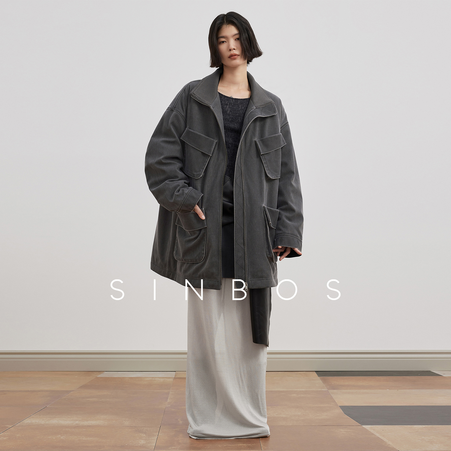 SINBOS循迹 VTG风格慵懒水洗翻领中长款工装羽绒服女2025秋冬新款