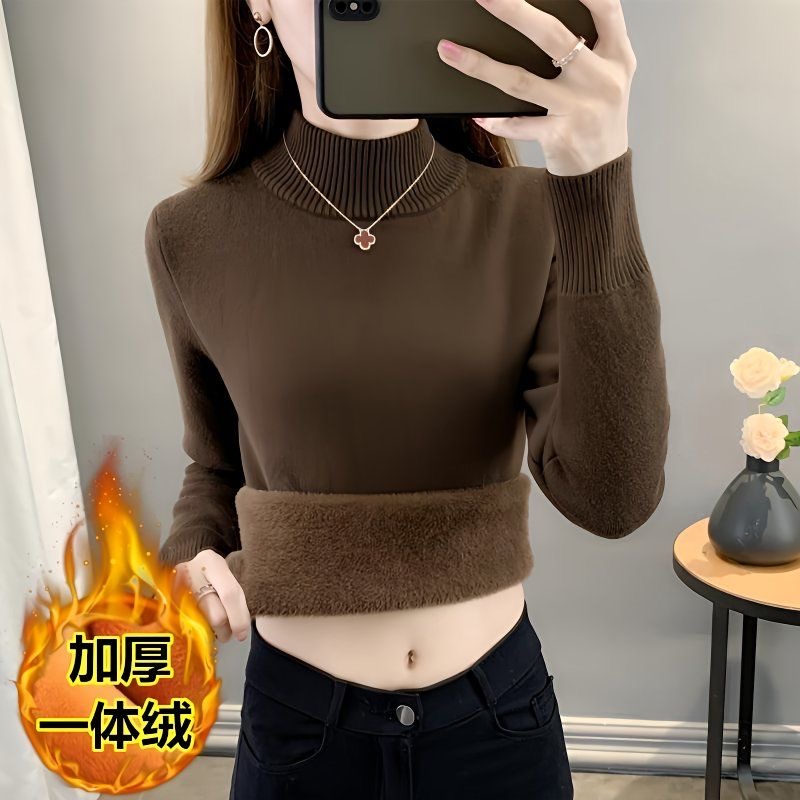 加厚一体绒冬季毛衣女保暖针织衫半高领百搭大码韩版套头打底上衣