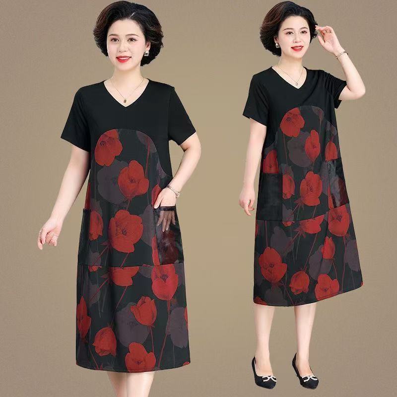 8677-时尚宽松遮肚连衣裙夏季新款洋气印花韩版裙子中长款【老余】