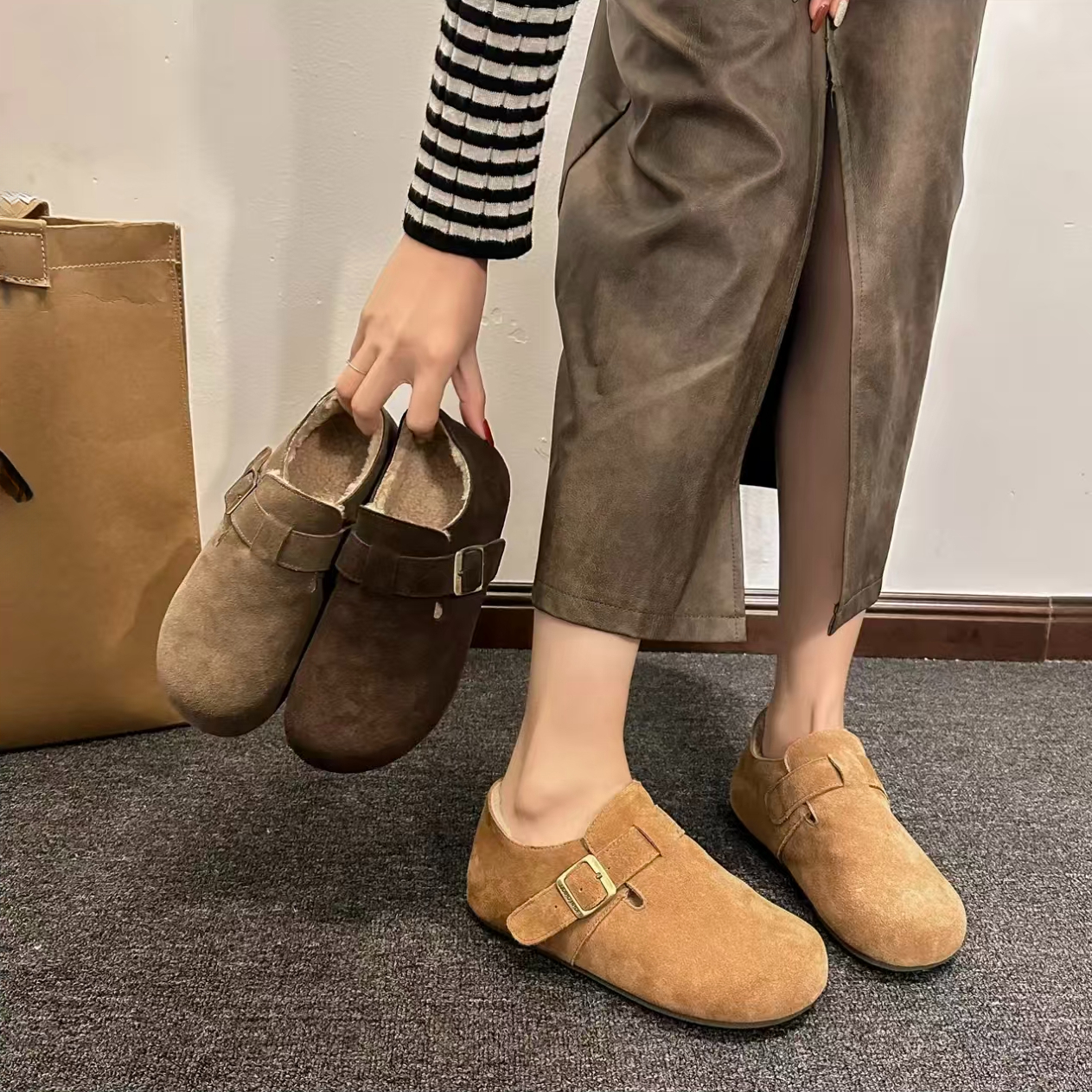 运费险【3公分羊羔绒】2025新款复古百搭一脚蹬懒人鞋休闲博肯鞋女