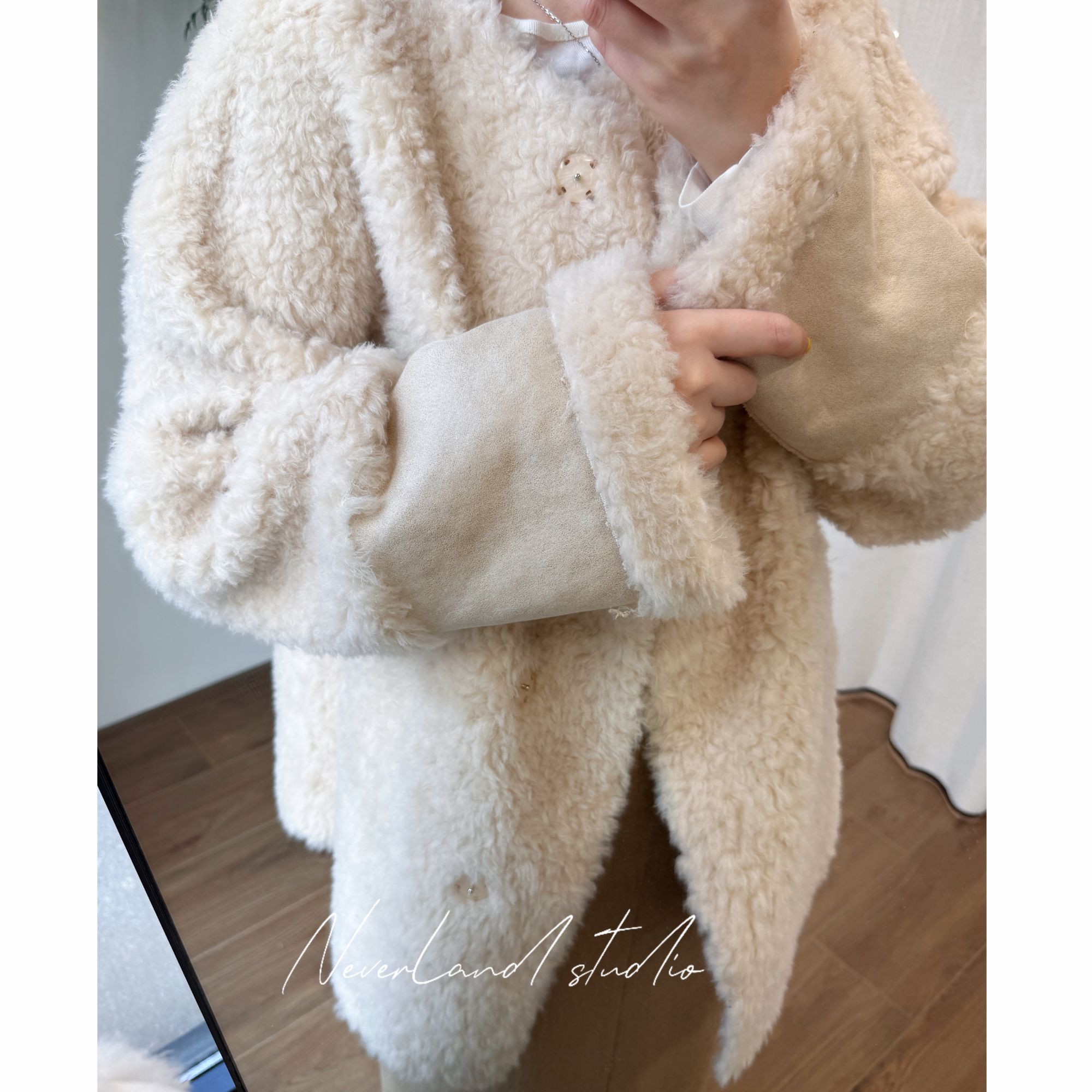 东大门奶杏色中长款羊羔毛外套（颜色超美）