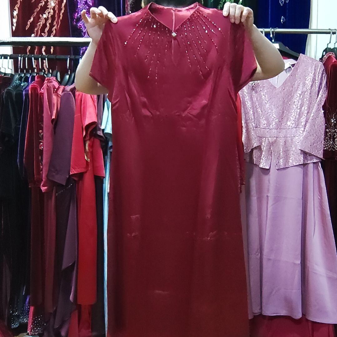 品牌枣红色重工半袖短款改良旗袍裙l码110斤左右