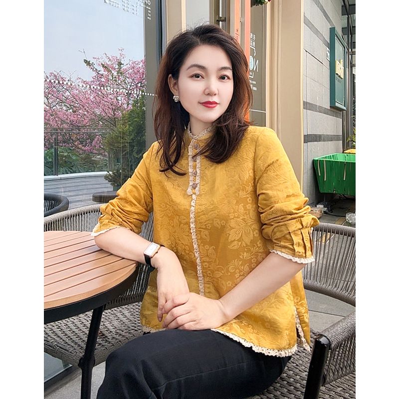 国风丝麻提花上衣女2025年秋冬爆款新中式别致衬衫复古双12好物