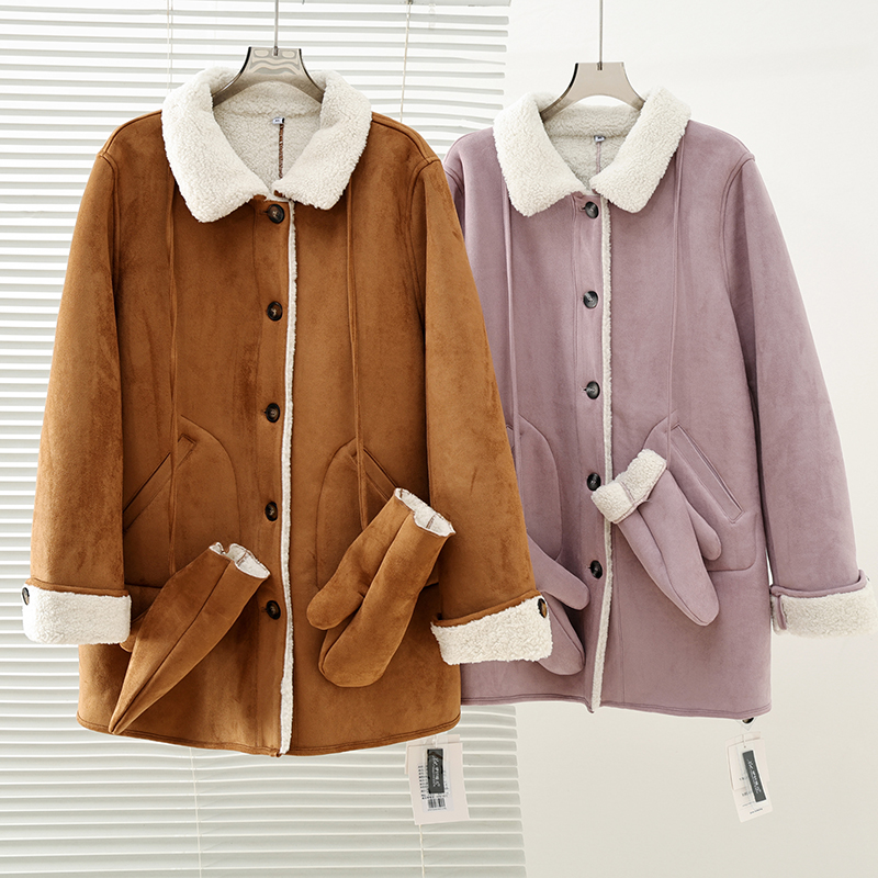 大码女装麂皮绒外套2025冬新款直筒上衣带手套423638