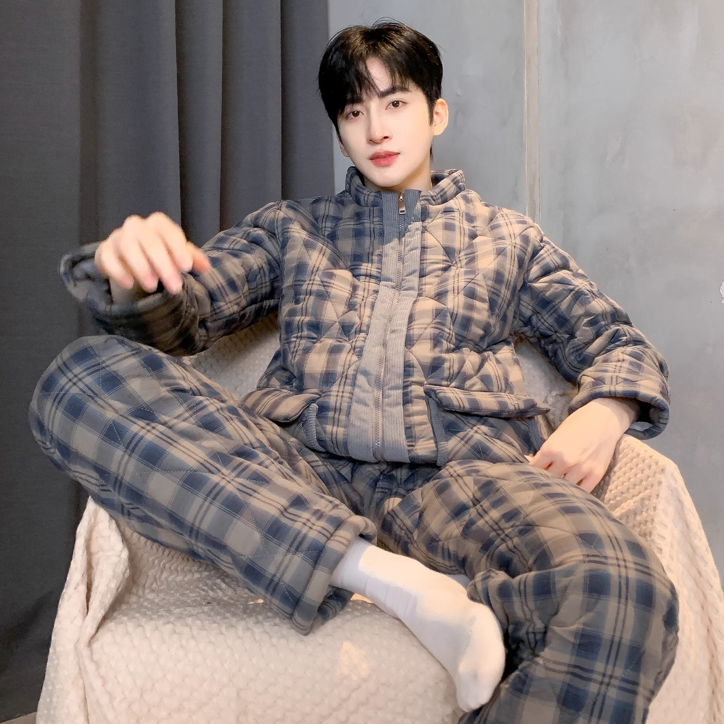 【大牌同款】秋冬季男士睡衣纯棉三层加厚夹棉拉链家居服可外穿棉袄