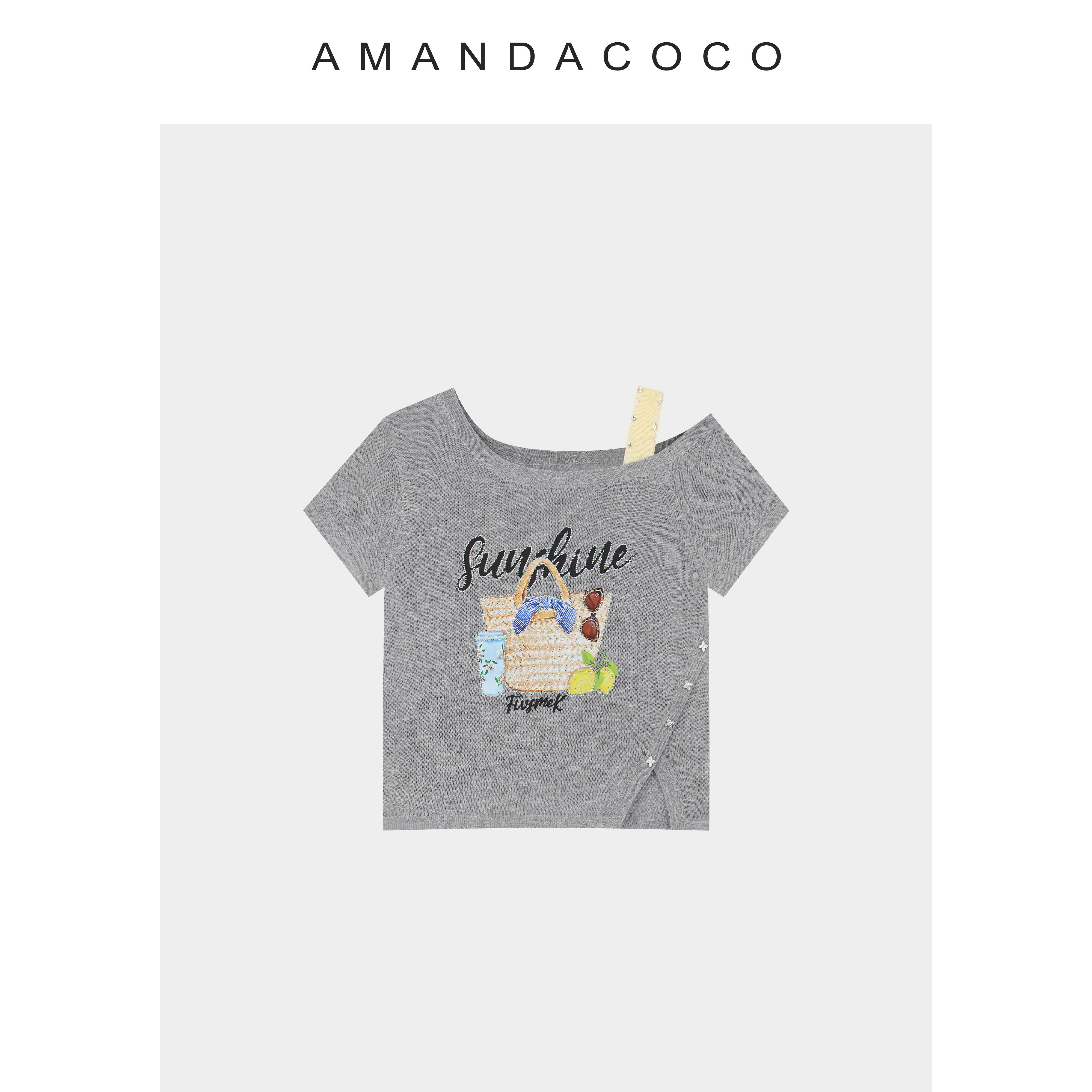 NANA# 海边假日～薄款烫钻字母印花显瘦露肩短袖针织衫