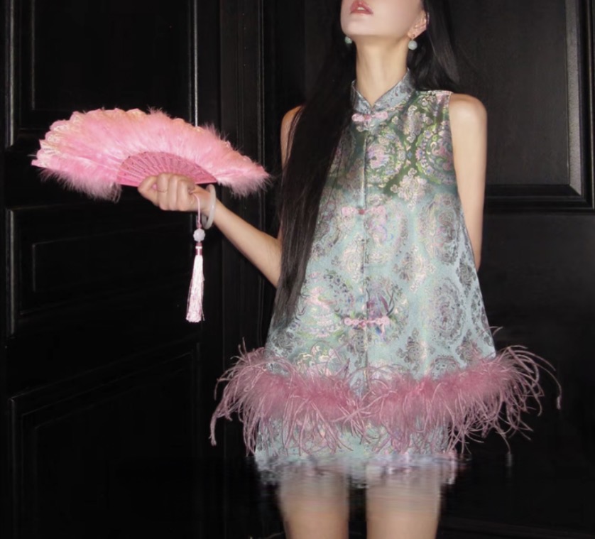 【繁花青沐】新中式缎面提花可拆卸毛条马甲+半裙套装女XH53052244