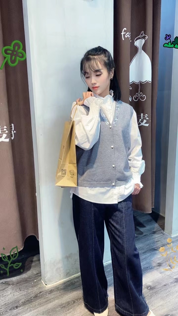 休闲风女常规2件春季孩子套装百搭卫衣外套牛仔裤马夹衬衫