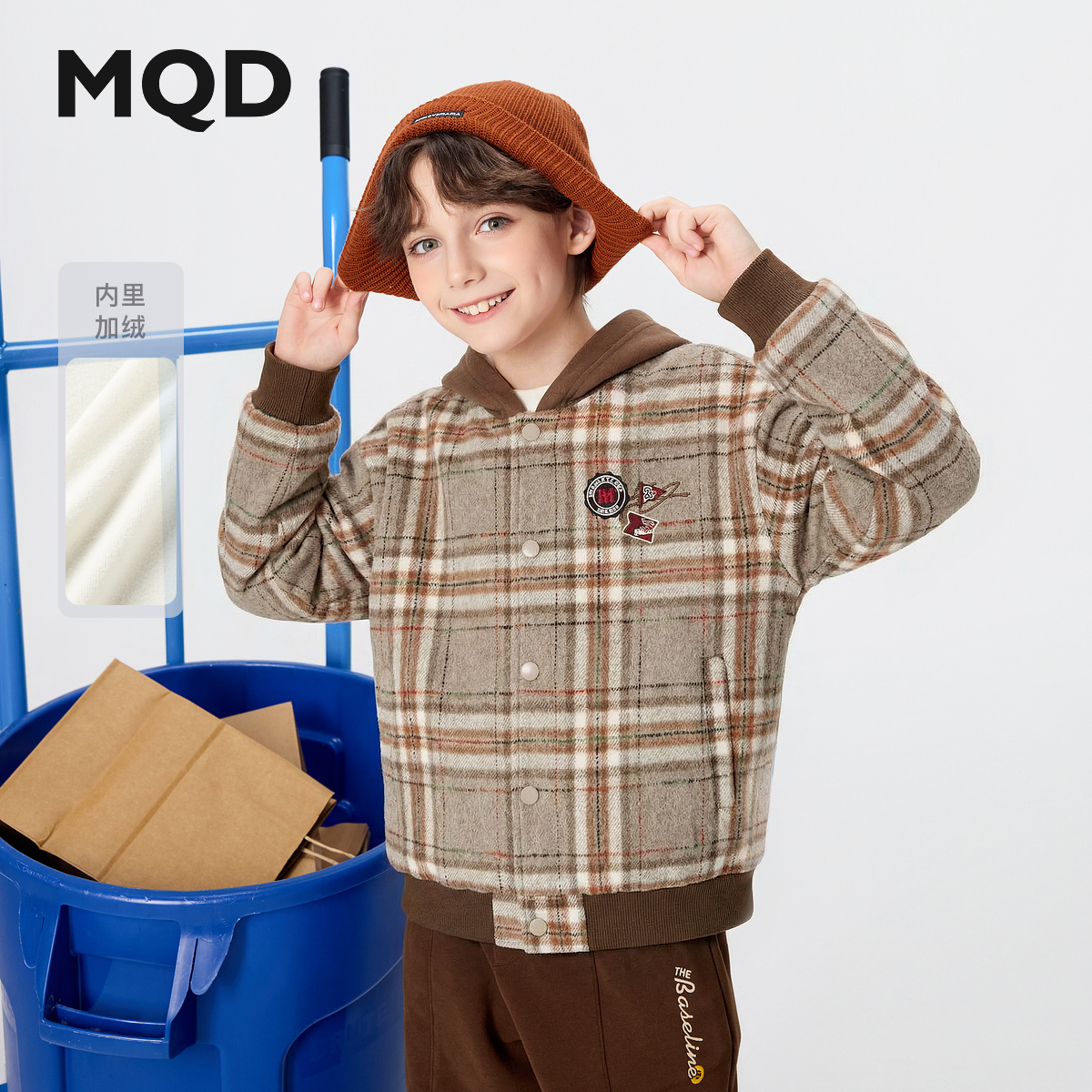 【加绒】MQD男童25冬新款学院风小香风格纹连帽外套保暖9654W0811