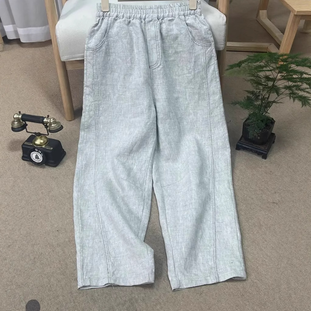 汉麻休闲裤女文艺复古松紧腰明线直筒裤薄款舒适高腰舒适阔腿裤