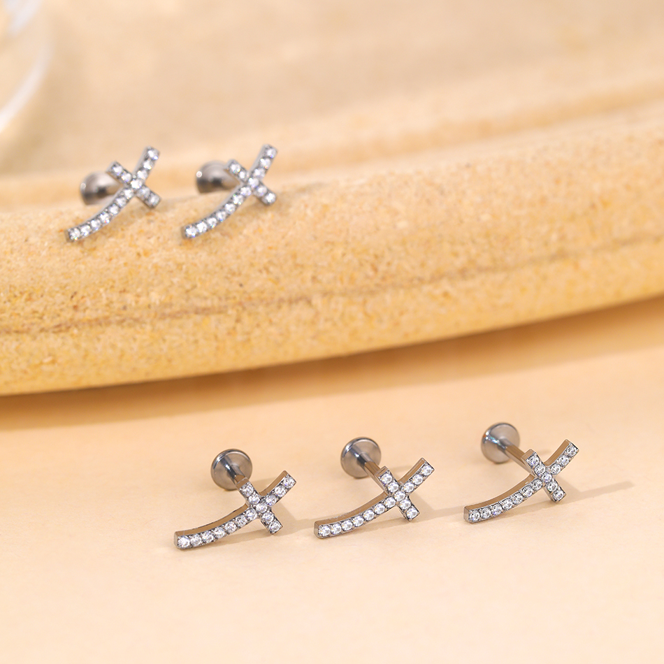 合金耳饰 F136钛合金耳钉弯十字架耳骨钉耳蜗钉耳轮镶钻轻奢气质