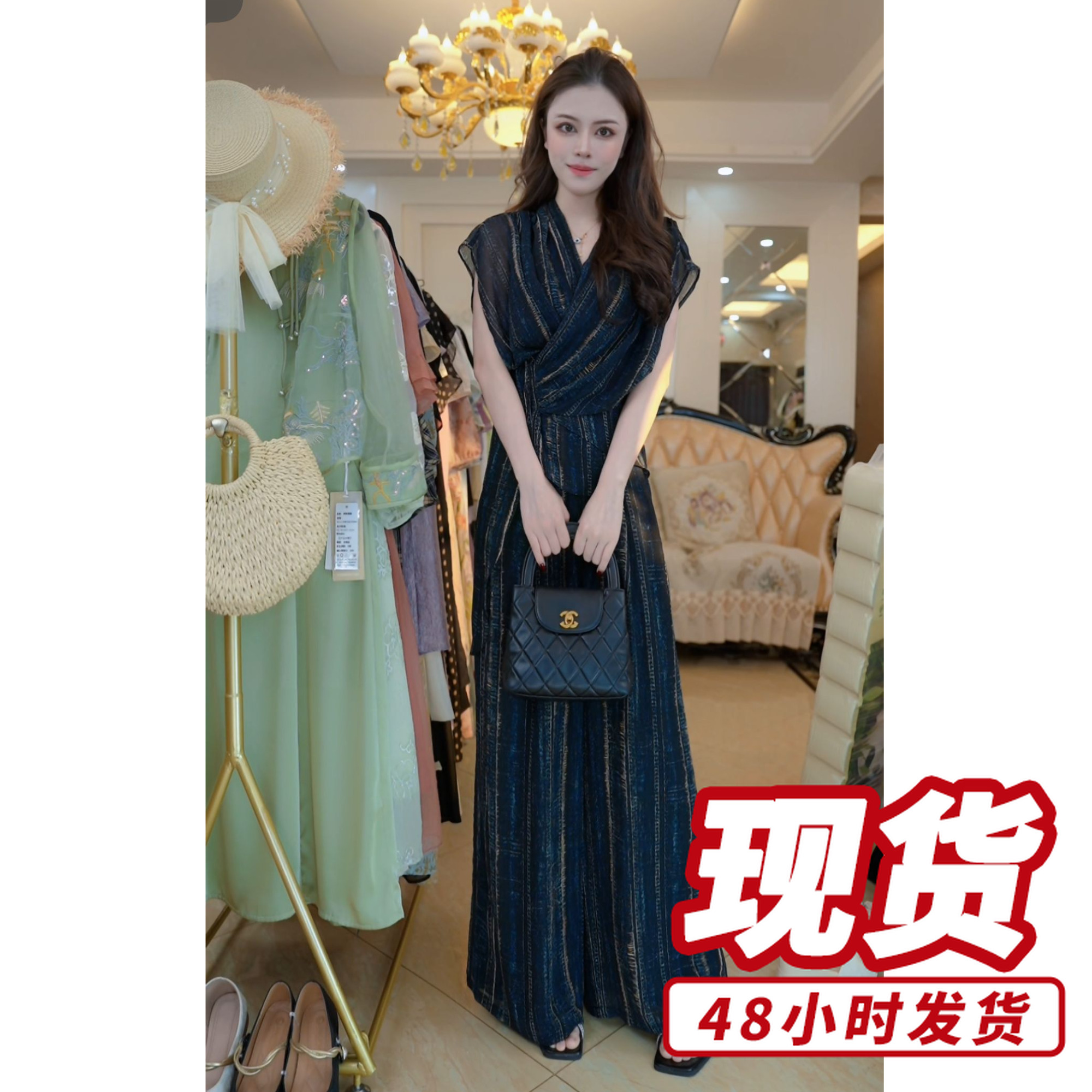 2025夏季新款时髦洋气设计感上衣阔腿裤两件套D5048