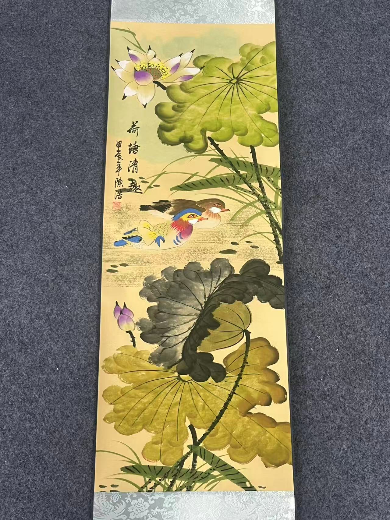 小轴《荷塘清趣》卷轴装裱，高端大气国风装饰画