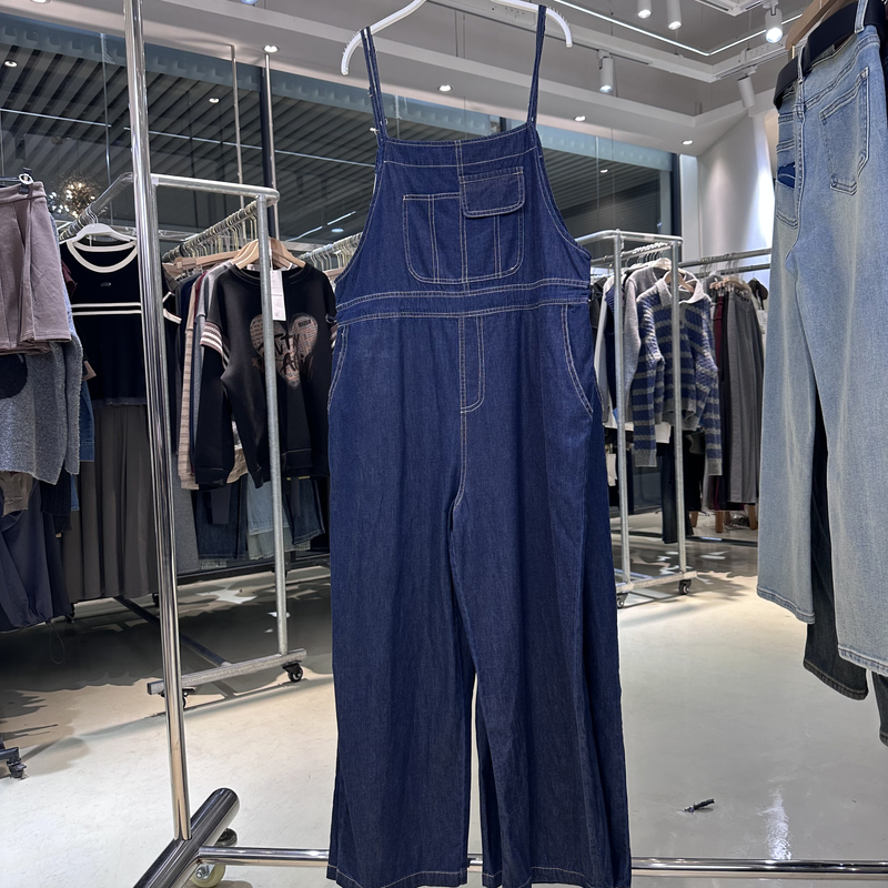 Q1035蓝色水洗牛仔背带裤女夏季新款显瘦直筒裤