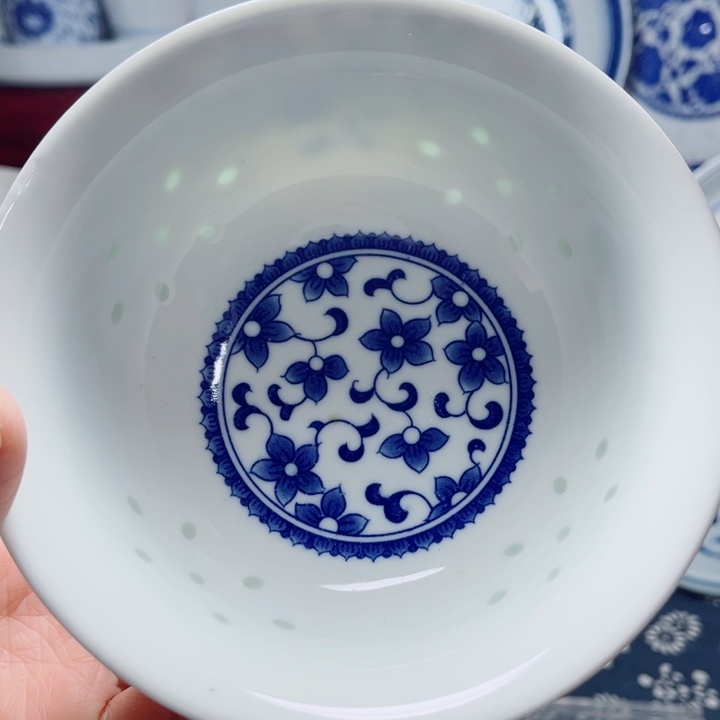 青花玲珑5寸饭碗紫荆花无花