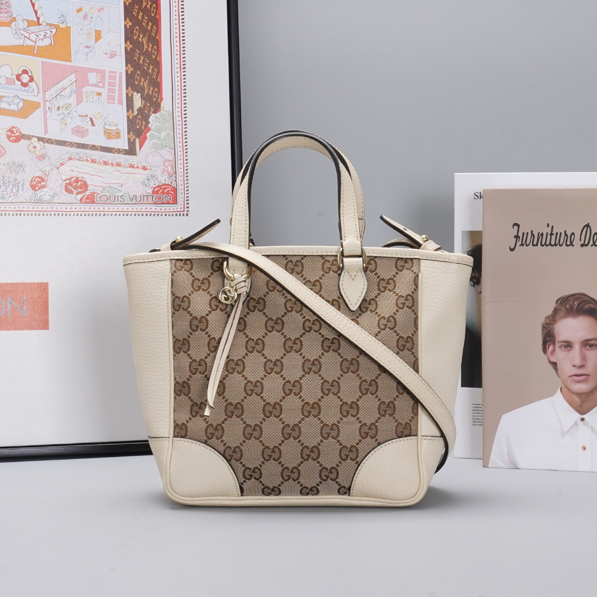 95新 GUCCI/古驰  菜篮子帆布拼牛皮 小号【静文】BGH003720034