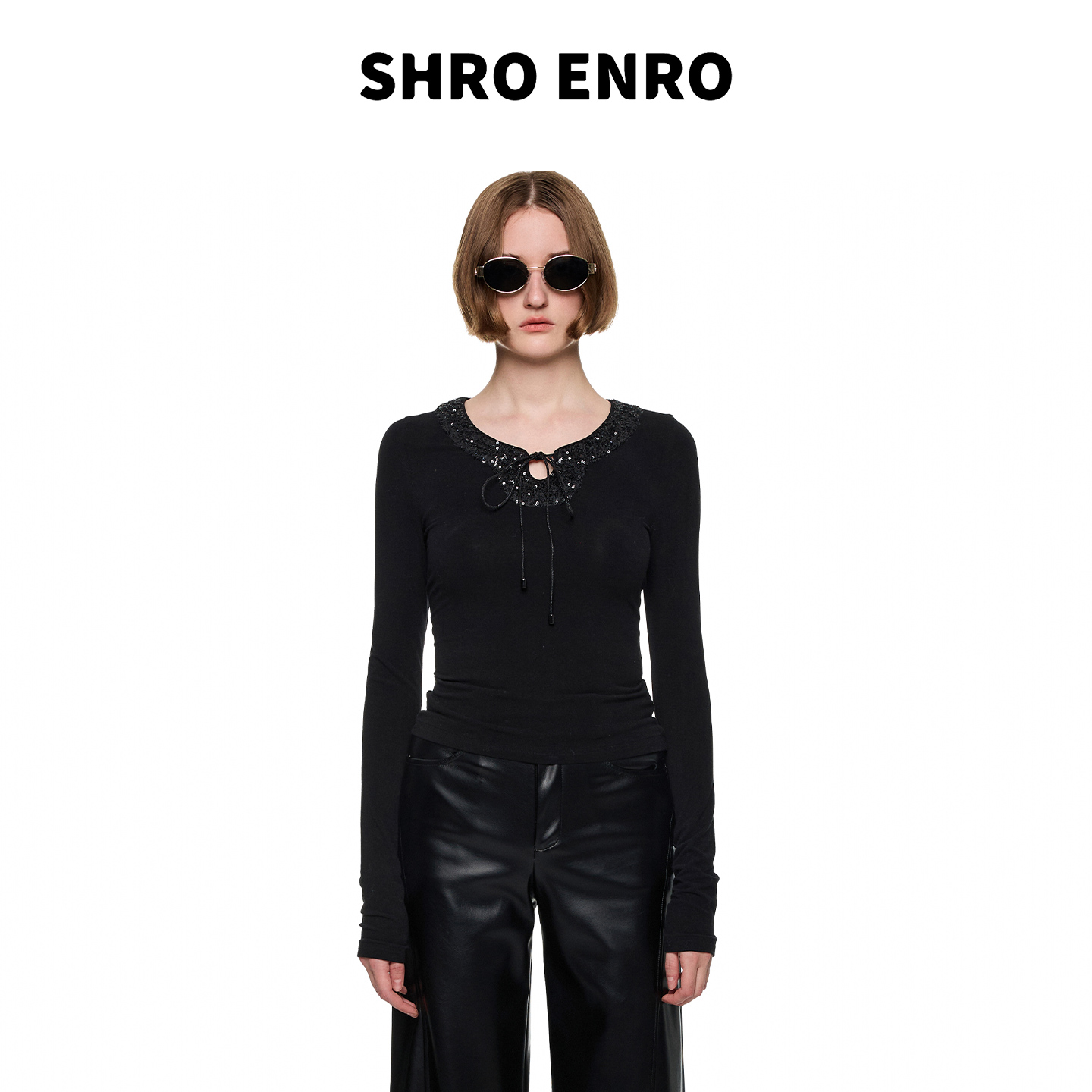 SHRO ENRO 2025秋重工亮片绑带修身百搭打底衫女上衣S52A01HM002