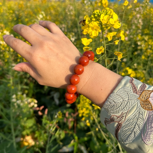 川料天然原矿南红柿子红火焰纹手串大圆珠素圈单圈