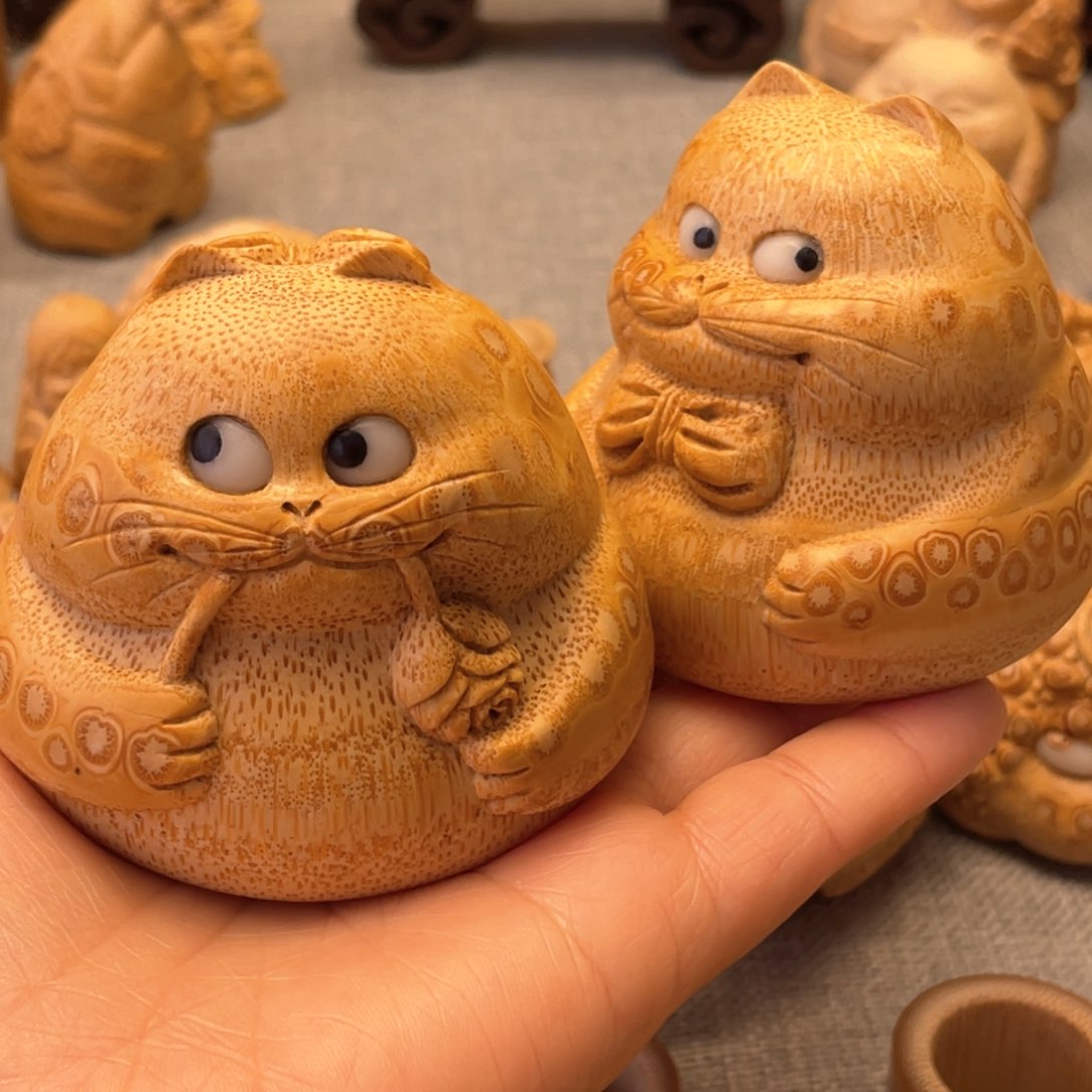 竹周**方竹根雕两只猫