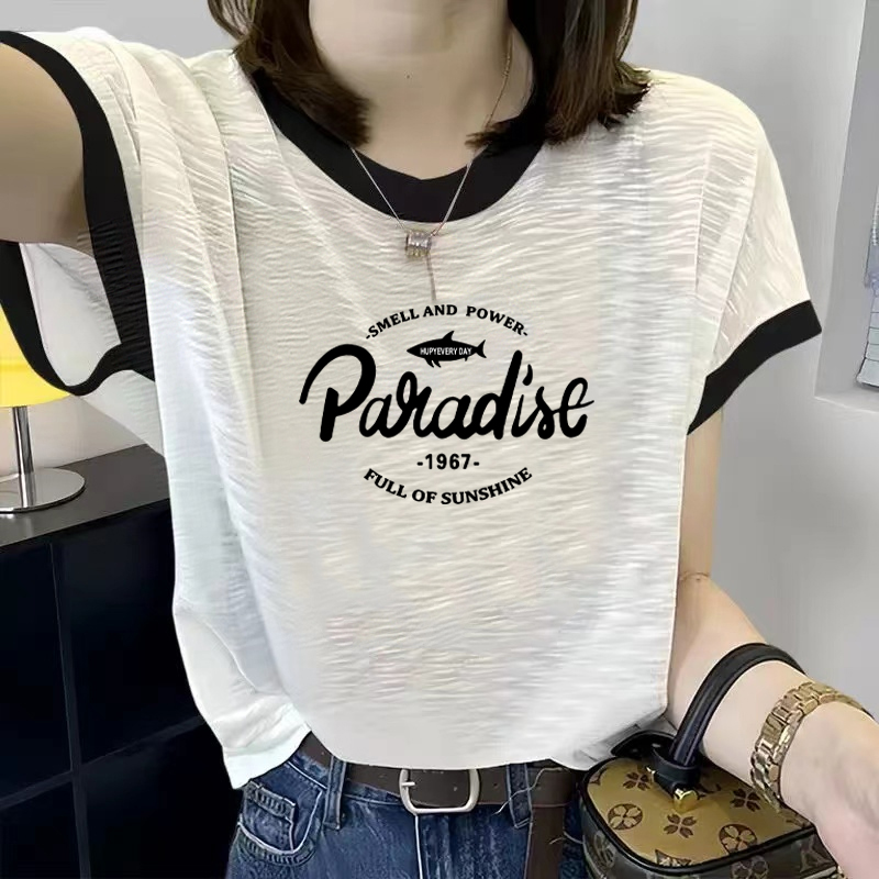 100%竹节棉撞色短袖洋气T恤夏季2025时尚新款宽松减龄印花上衣