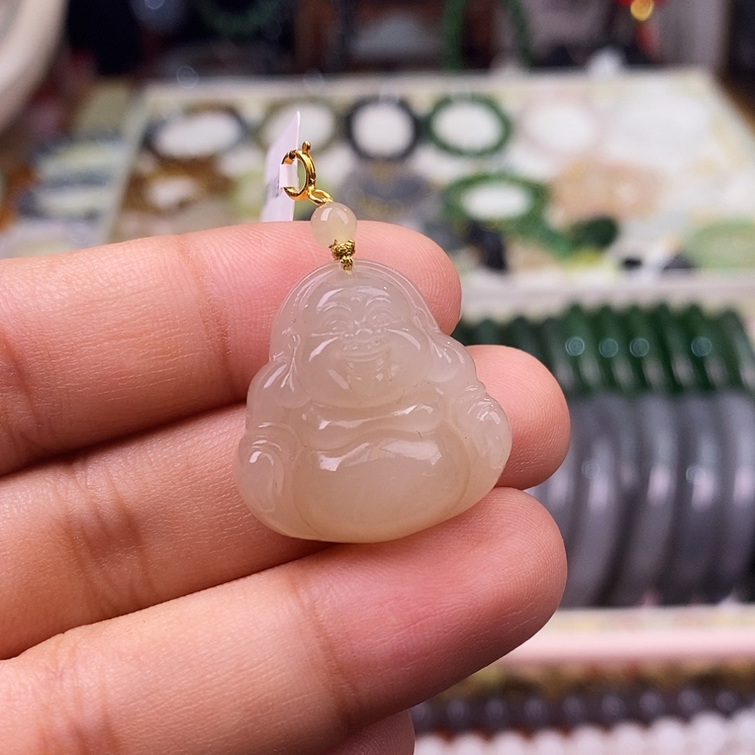 颈饰未镶嵌和田玉熟藕粉脂膏级老矿料红粉金镶佛公