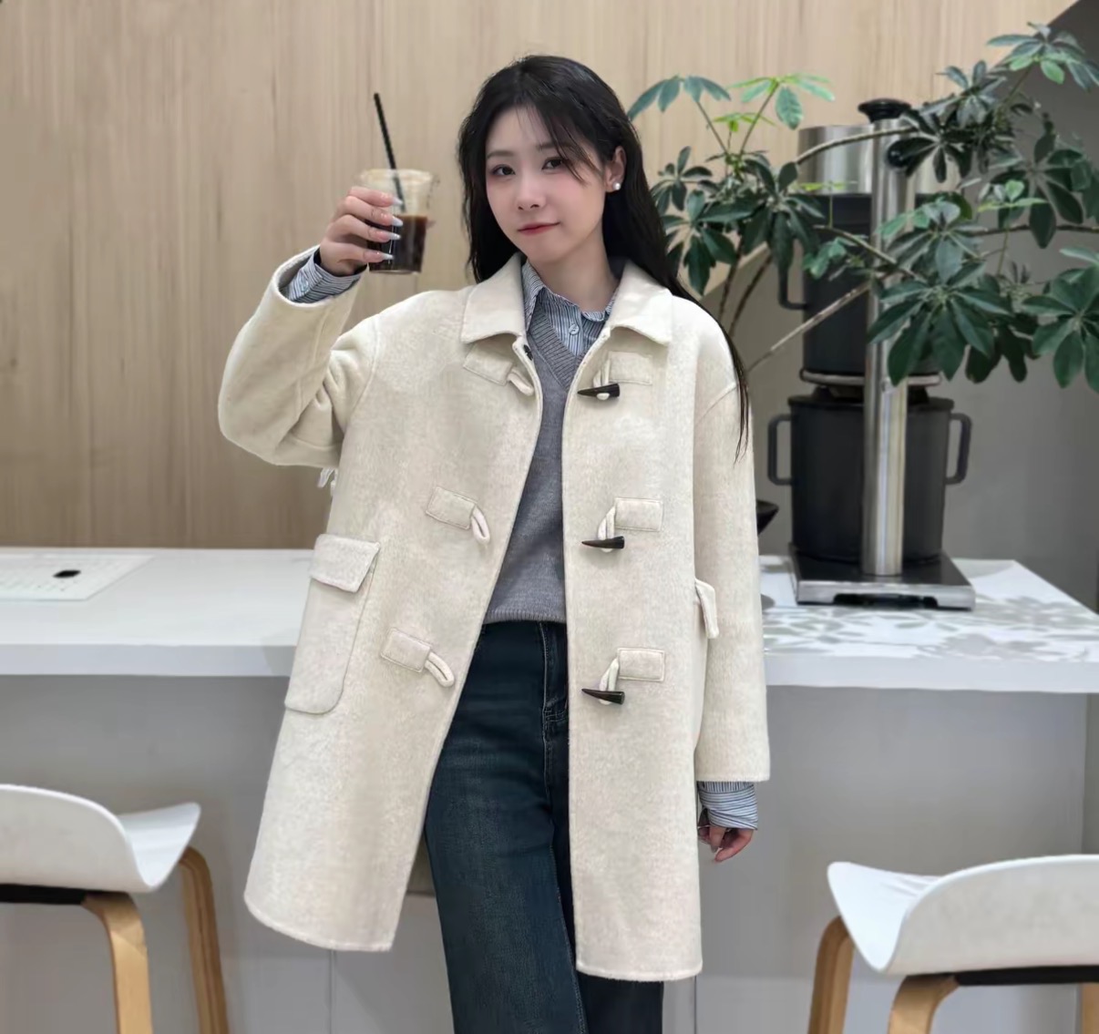 2025新款韩版洋气百搭小个子定制牛角扣双面羊毛大衣5613