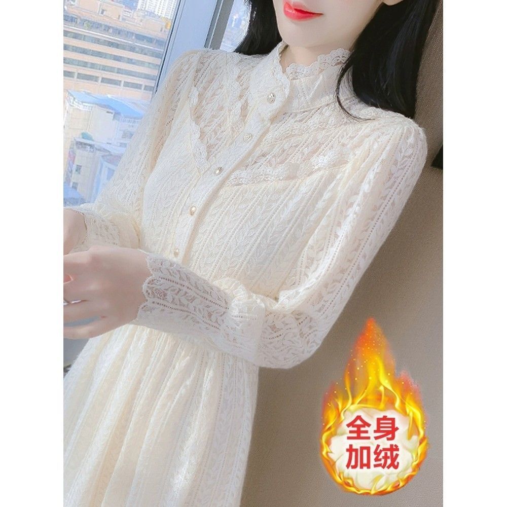 冬季连衣裙女2025年新款仙女长裙配大衣蕾丝打底裙子冬款加厚加绒