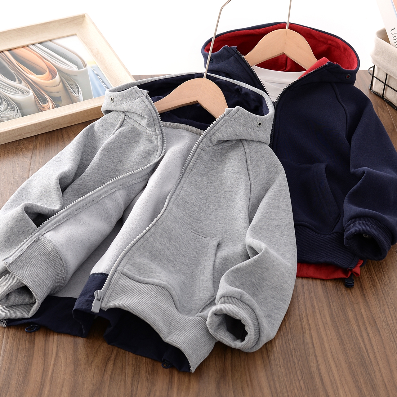 【绒暖厚实】男女童加绒卫衣中大童冬新保暖外套拼色帽衫潮258DS01