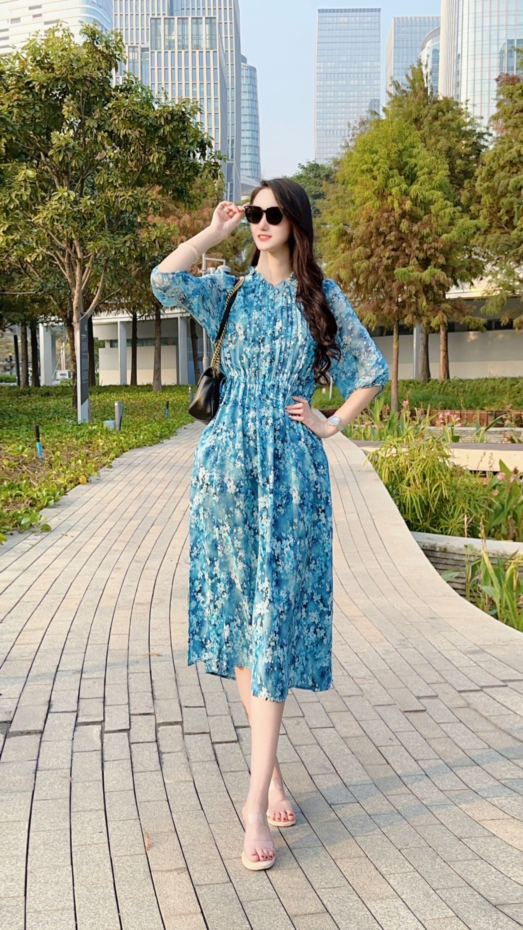 【2556念花溪】新款时尚显瘦印花桑蚕丝气质修身连衣裙115公分